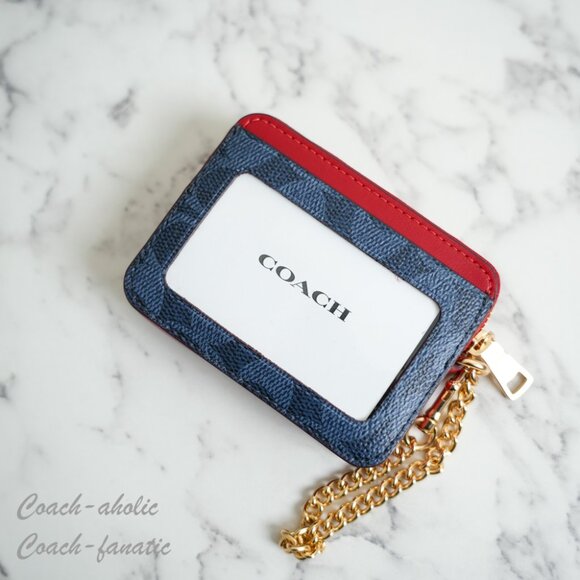 NWT Coach CW883 Zip Card Case In Signature Canvas Denim/Bold Red - Picture 5 of 8